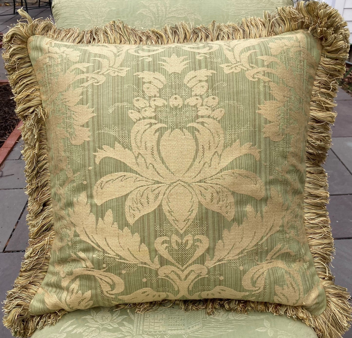 Brunschwig Green Strie Damask 20 X 20 Square Designer Pillow Front with Down Feather Insert