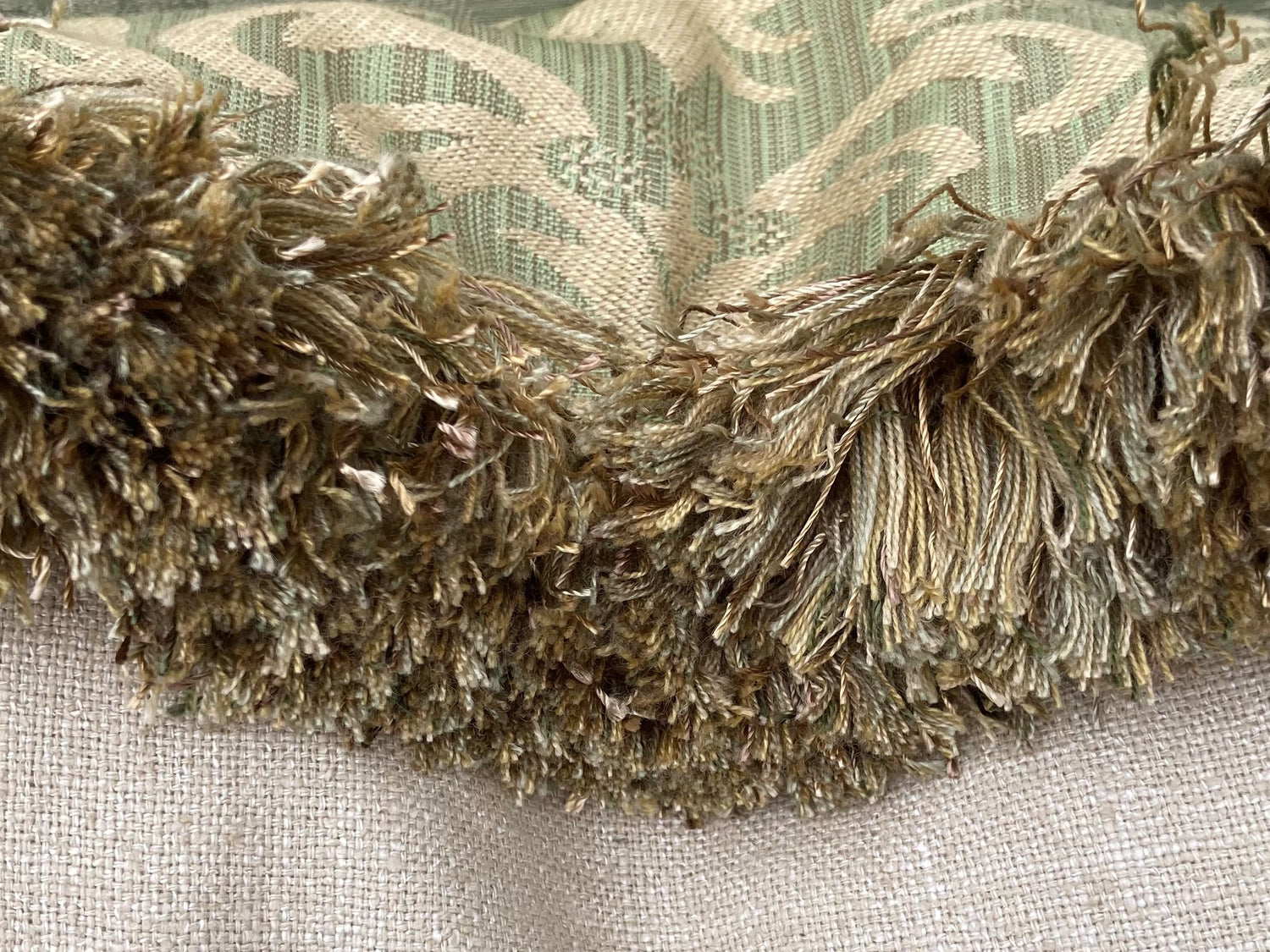 Brunschwig Green Strie Damask 20 X 20 Square Designer Pillow Fringe with Down Feather Insert